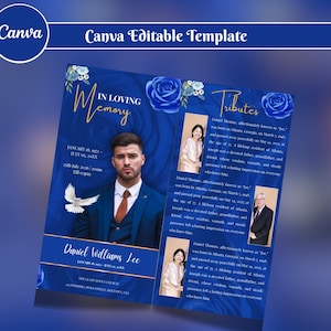 Può includere: Un modello Canva blu per una cerimonia commemorativa. Il design include una foto di un uomo in giacca e cravatta, elementi floreali e il testo "In Loving Memory". Il modello presenta anche il nome "Daniel Williams Lee".