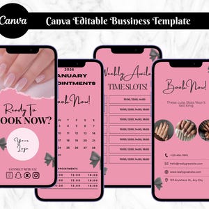 May include: Four pink smartphone screens displaying a nail salon business template. The screens show appointment booking information, a calendar, time slots, and contact details. The text includes "Ready to Book Now?" and "Book Now!"