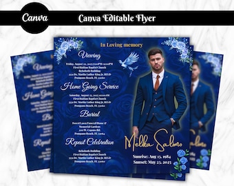 La Rosa - Plantilla de invitación para funeral de la Rosa Azul / Volante de anuncio conmemorativo / Volante de anuncio de funeral azul Canva / Invitación para funeral