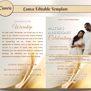 May include: A Canva editable template for Holy Faith Ministries. The design features gold and white text with a photo of a couple. The text includes "Pastor's Anniversary Celebrating" and service details. The template is for a church event.