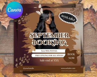 September booking flyer, September flyer, Fall Season Booking Flyer, Fall Szn Sale, Wig Install, Lash Nail Braids Flyer, Canva Editable