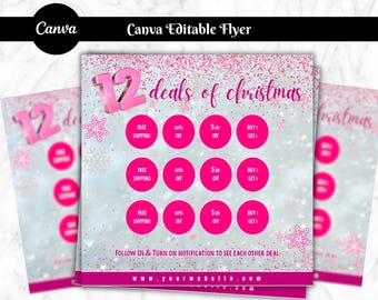 DIY Twelve Days of Christmas Flyer, Pink and Silver Boutique Flyer Holiday Template, Holiday Sale Canva Template, December Sale Flyer