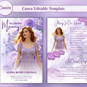 May include: A Canva template for a memorial service, featuring a woman in a lavender dress, surrounded by purple flowers. The text includes the name Alisha Renee Coleman, dates, and a closing prayer. The design is elegant and floral.