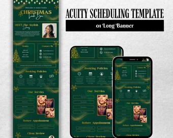Può includere: Un banner e modelli mobili a tema natalizio verdi e oro per un bar di ciglia. Il banner include il testo "CHRISTMAS Lash Bar" e "ACUITY SCHEDULING TEMPLATE". I modelli mobili sono visualizzati su due smartphone.
