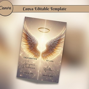 Può includere: Un modello modificabile di Canva con un design che presenta ali d'angelo, un alone e le parole "Celebration of Life". I nomi "Terrence Deshawn" e "Walker" sono visualizzati con le date. Lo sfondo è una luce soffusa e brillante.