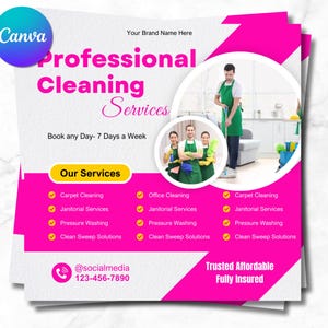 May include: A flyer for professional cleaning services. The design features a white background with pink accents and text. The text includes "Professional Cleaning Services" and a list of services. Images of cleaning staff are included.