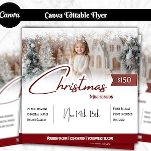 Op de afbeelding: Een flyer voor een kerst mini-sessie met een jong meisje in een witte jurk. De flyer bevat de tekst "Christmas Mini Session" en details zoals "20 mini-sessies" en "14-15 november". De prijs is €150.