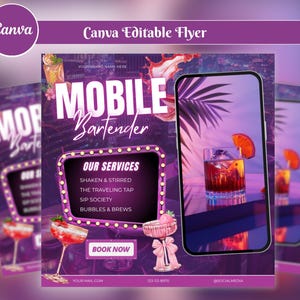Mobile Bartending Flyer, DIY Mixologist Bartender Drink Services Party Event Planning Rental Social Media Instagram Canva Editable Template