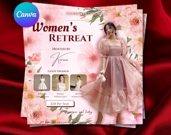 May include: A promotional flyer for a Women's Retreat, featuring a pink floral design and the text "Women's Retreat." The flyer includes images of guest speakers and the text "Hosted by Korina." The flyer is designed with a soft, feminine aesthetic.