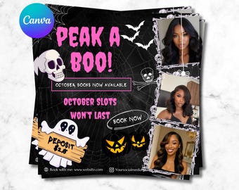 May include: A stack of black flyers with a Halloween theme. The flyers feature the text "PEAK A BOO!" in pink, along with a skull, bats, and pumpkins. The flyers also include images of women.