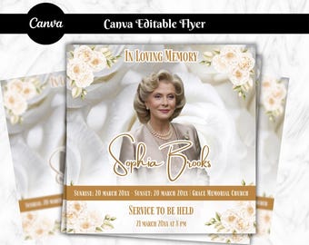 White Gold Funeral Announcement Flyer: Celebration of Life Invitation (Canva Template) (Digital Download Editable Funeral Announcement Flyer
