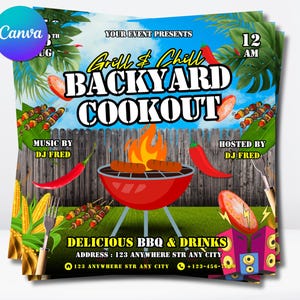 May include: A flyer for a "Grill & Chill Backyard Cookout" event. The design features a red grill with sausages, flames, and chili peppers. Text includes event details, DJ names, and address information.