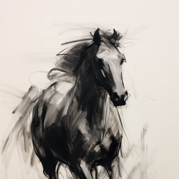 Tableau cheval sauvage minimaliste | croquis vintage de cheval au fusain | Décoration équestre abstraite | Impression d'art cheval noir et blanc téléchargeable