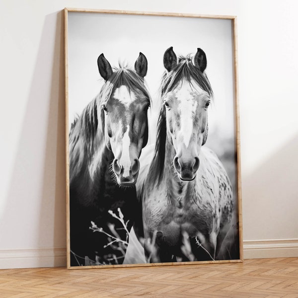 Vintage Wild Horses Photo | Mustang Art Print | Two Horses Portrait | Western Wild Mustangs 35mm Film | Pair of Wild Horses Old Art Print
