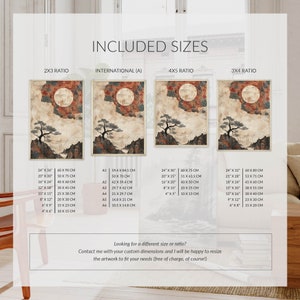 May include: A digital art print featuring a Japanese-inspired landscape with a red moon, pine trees, and mountains. The print is available in various sizes and ratios, including 2x3, 4x5, and 3x4. The print is available in various sizes, including 24x36 inches, 20x30 inches, 16x24 inches, 12x18 inches, 10x15 inches, 8x12 inches, 6x9 inches, and 4x6 inches.