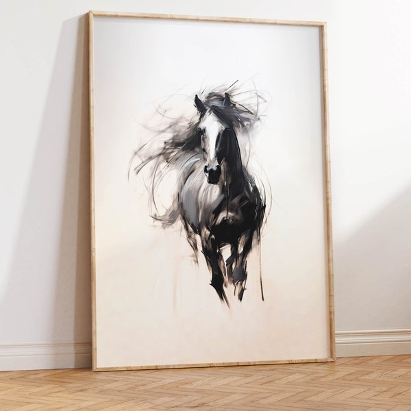 Tableau cheval sauvage minimaliste | Esquisse au fusain | Décoration équestre abstraite | Impression d'art imprimable téléchargeable de haute qualité à télécharger