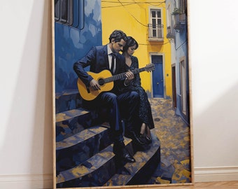 Puede incluir: Una pintura de una pareja sentada en un tramo de escaleras en un callejón estrecho, amarillo y azul. El hombre está tocando una guitarra acústica amarilla mientras la mujer se sienta a su lado.