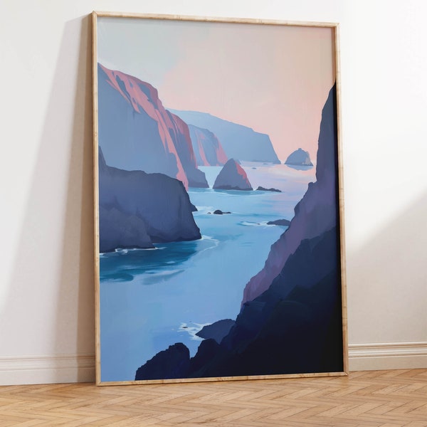 Mendocino California Painting | Pacific Coast Ocean Cliffs | West Coast Art Print | Abstract Pastel Coastline at Night | Cliffs Ocean Sunset