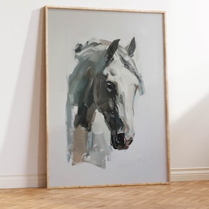 May include: A framed painting of a white horse's head, painted in a loose, impressionistic style with visible brushstrokes. The horse's head is turned slightly to the side, and its eyes are closed. The background is a light gray.