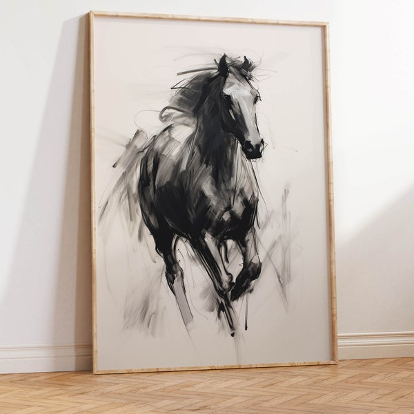 Tableau cheval sauvage minimaliste | Esquisse au fusain | Décoration équestre abstraite | Impression d'art imprimable téléchargeable de haute qualité à télécharger