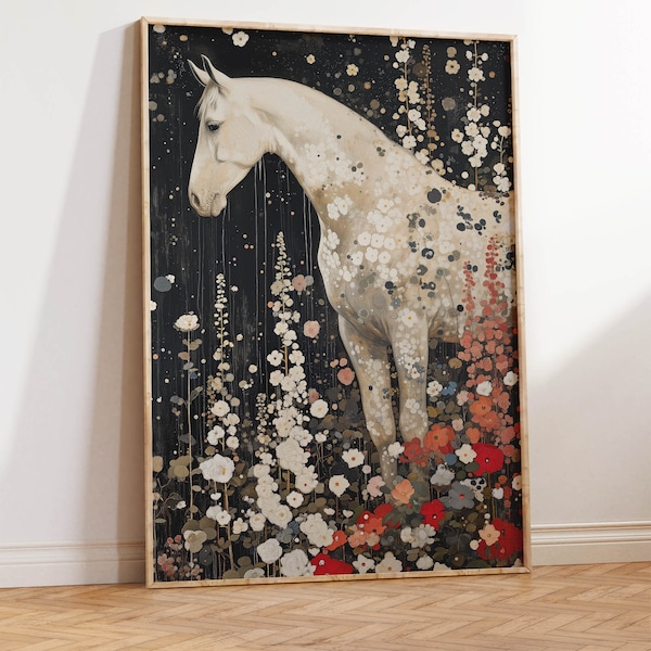 Romantic White Horse Art | Flower Horse Painting | Medieval Equestrian Wall Decor | Flowery Horse Art Print | Large Scale Horse Painting