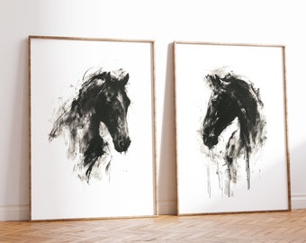 Minimalist Horse Pair Painting | Two Horses Charcoal Sketch | Abstract Equestrian Decor | Black and White Horse Art | Horse Portrait Set