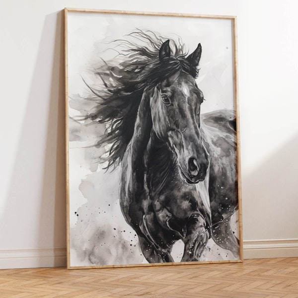 Black Stallion Print | Horse Headshot Art Painting | Black Horse Portrait | Gorgeous Horse Ink Art | Black and White Watercolor Horse Art