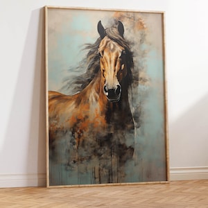 May include: A painting of a brown horse with a flowing mane, set against a blue and grey background with splashes of orange and brown paint.