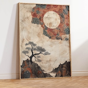 May include: A framed print of a stylized landscape with a large, pale moon in a red and blue sky. A lone tree stands on a rocky cliff in the foreground. The print has a vintage, hand-drawn aesthetic.