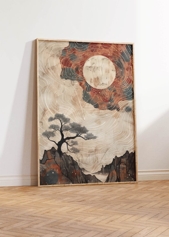 Abstract Starry Night Art Print | Escapism Alt Art | Metaphysical Desert Dream Painting | Boho Mystical Night | Abstract Japanese Moon Stars
