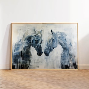 2頭の馬の絵画 | 馬の友達のペアの肖像画 | ブルーニュートラルアーストーンの馬のアートプリント | タックルームギャラリーの壁装飾 | 横長