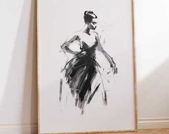 May include: A black and white illustration of a woman in a dress, standing with her hand on her hip. The illustration is done in a loose, gestural style.