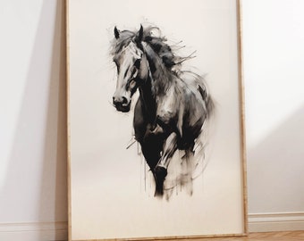 Minimalist Wild Horse Painting | Charcoal Sketch | Abstract Equestrian Decor | High-Quality Downloadable PRINTABLE Art Print for Download