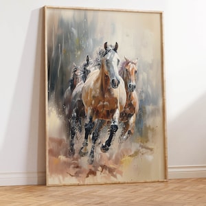 Wild Horses Painting | Mustangs Galloping Art Print | Herd of Horses Watercolor | Western Wild Mustang Herd | Wild Horses Running Wall Decor