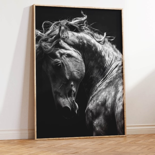 Black Stallion Photo | Horse Headshot Art Print | Black Horse Portrait | Gorgeous Horse Photograph | Black and White Monochrome Horse Art