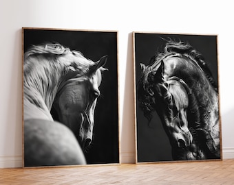 Set von zwei schwarz weißen Hengsten | Paar Yin Yang Pferde Kunstdrucke | Zen Monochrome Pferdeportraits | Neutrale Gallery Wall Pferdefotos