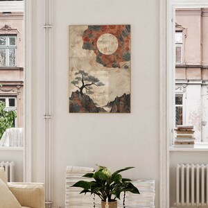May include: A digital art print featuring a stylized landscape with a large, red-orange moon, a small tree, and mountains. The background is a light beige with a subtle pattern of lines and dots.