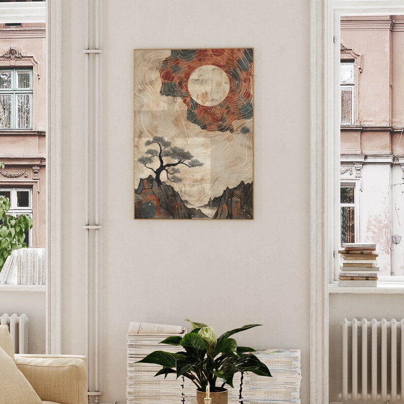 May include: A digital art print featuring a stylized landscape with a large, red-orange moon, a small tree, and mountains. The background is a light beige with a subtle pattern of lines and dots.