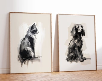 Conjunto de dos bocetos de arte de perros y gatos / Impresiones de carbón de pared de galería minimalista / Dibujo de retratos de mascotas rústicos / Amigos de animales blancos y negros vintage