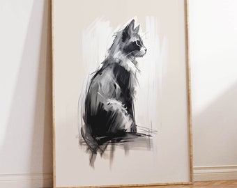 Cat Art Sketch | Minimalist Farm Cat Charcoal Print | Cat Drawing Portrait | Black and White Cat Wall Art Download | Modern Kitten Decor Art