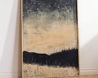 Abstract Starry Night Art Print | Escapism Alt Art | Metaphysical Desert Dream Painting | Bohemian Mystical Night | Abstract Boho Daydream