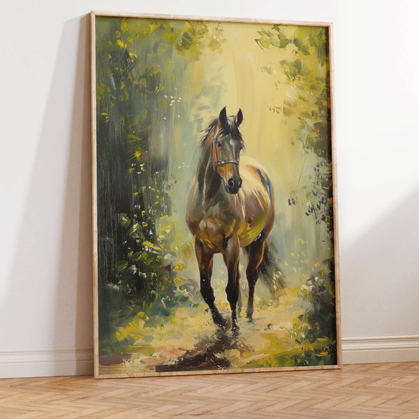 Horse in Nature Art Print | Bay Horse Forest Painting | Impressionist Equestrian Wall Decor | Wild Horse in the Woods Romantic Sketch Art