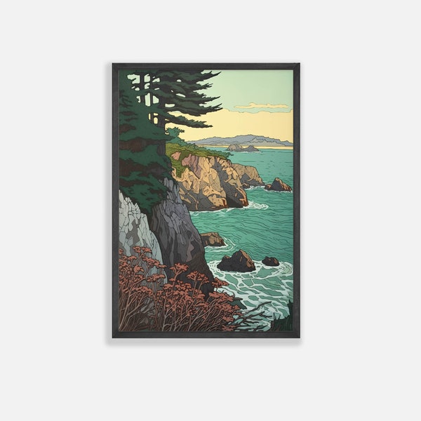 メンドシノ アートプリント | カリフォルニア海岸の木版画スタイルプリント | 海岸の花 | 高品質のダウンロード可能な印刷可能なアートプリント