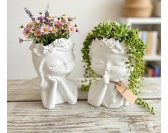 Macetas de hormigón con forma de cabeza de niña: Macetas suculentas, decoración caprichosa para el hogar - Juego de 2