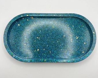 Juego de bandejas de resina hechas a mano – Plato para joyas Aurora Boreal verde/azul, bandeja organizadora