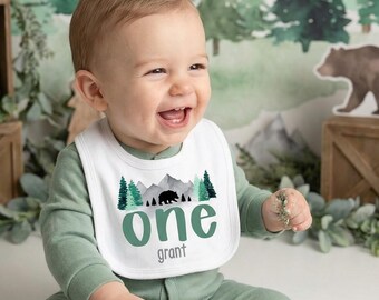 ONEderful Adventure Birthday Bib for Boy – Camping Themed Bib for Cake Smash, Baby Boy 1st Birthday Accessory, green trees mountains bears