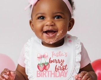 Babero de fresa para el primer cumpleaños de niña – Babero de fresa para sesión de fotos con pastel, accesorio para el primer cumpleaños de bebé niña, fresa rosa y roja, dulce uno, personalizado