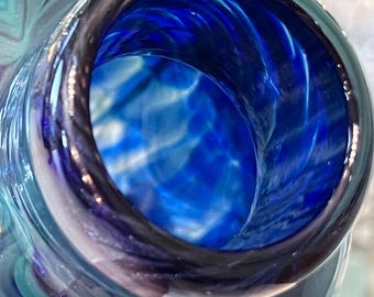 Signed Studio Art Glass Vase: Cobalt Blue Teal Swirl Hand Blown Coastal Decor