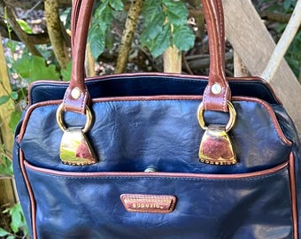 Vintage Capezio Navy Blue & Cognac Brown Satchel Handbag Structured Tote Purse Gold Tone Hardware