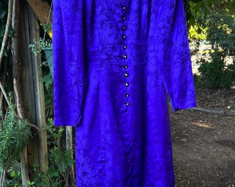 Vintage 100% Silk Purple Jacquard Dress • Silk Studio Petites • 1980s 1990s Jeweled Button Dress • Tonal Rose Print • Petite Size 6